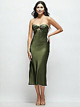 Front View Thumbnail - Olive Green Strapless Bow-Bandeau Cutout Satin Midi Slip Dress