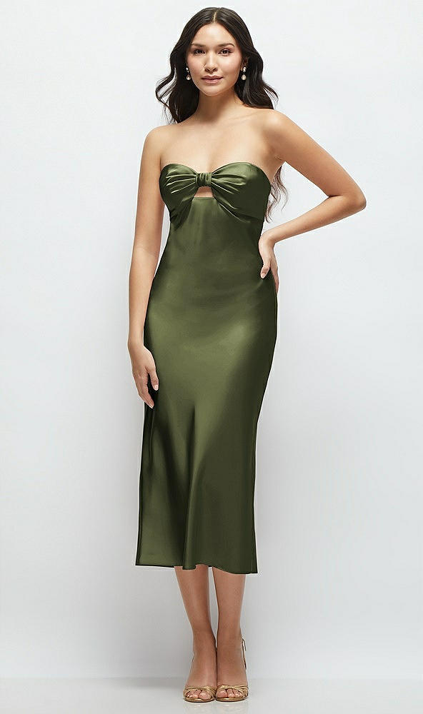Front View - Olive Green Strapless Bow-Bandeau Cutout Satin Midi Slip Dress