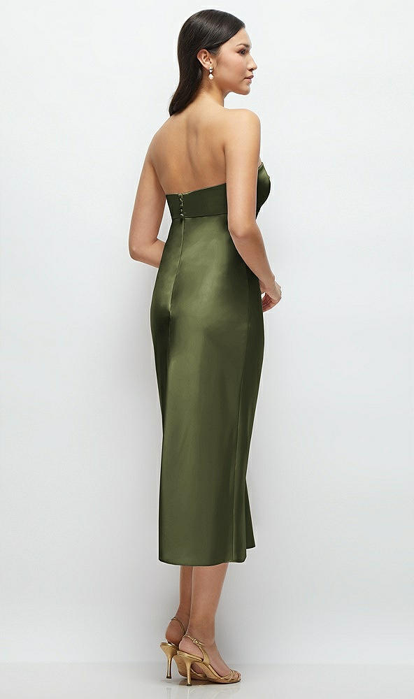 Back View - Olive Green Strapless Bow-Bandeau Cutout Satin Midi Slip Dress