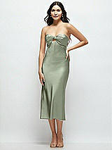 Front View Thumbnail - Sage Strapless Bow-Bandeau Cutout Satin Midi Slip Dress