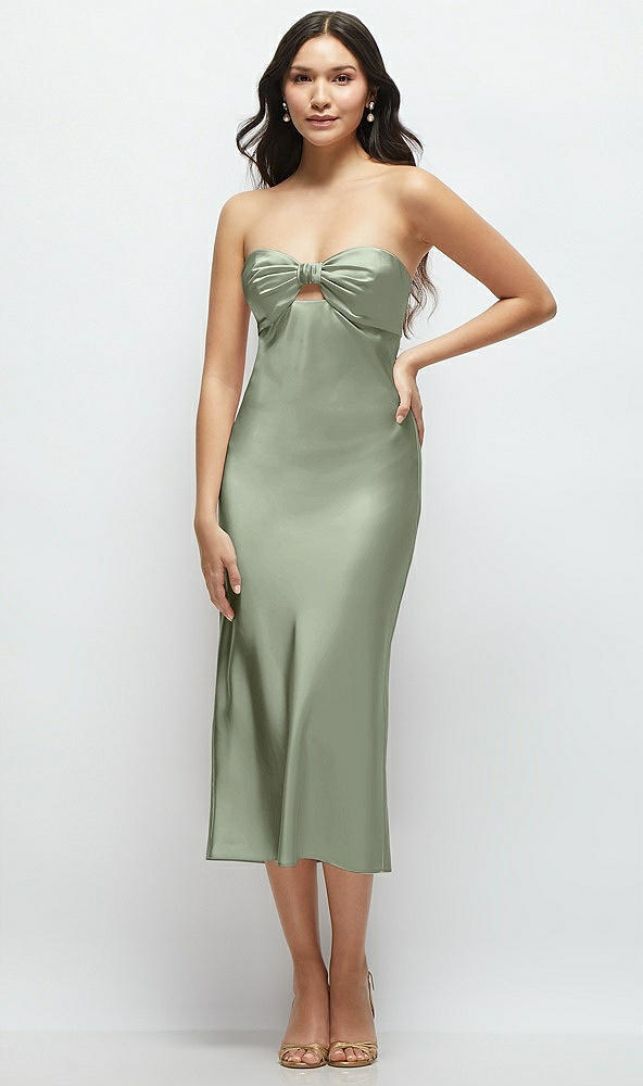 Front View - Sage Strapless Bow-Bandeau Cutout Satin Midi Slip Dress