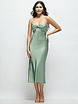 Front View Thumbnail - Seagrass Strapless Bow-Bandeau Cutout Satin Midi Slip Dress