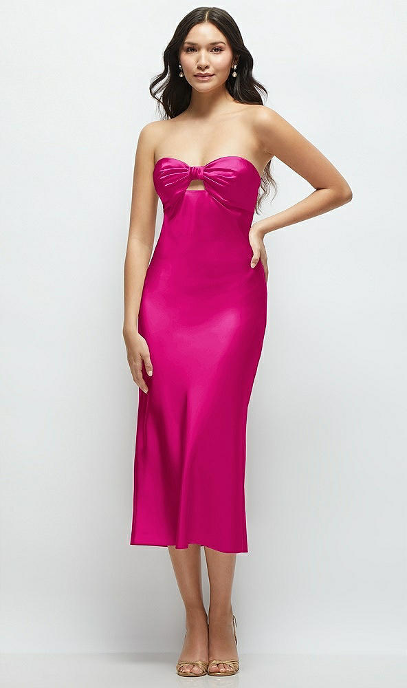 Front View - Think Pink Strapless Bow-Bandeau Cutout Satin Midi Slip Dress