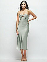 Front View Thumbnail - Willow Green Strapless Bow-Bandeau Cutout Satin Midi Slip Dress