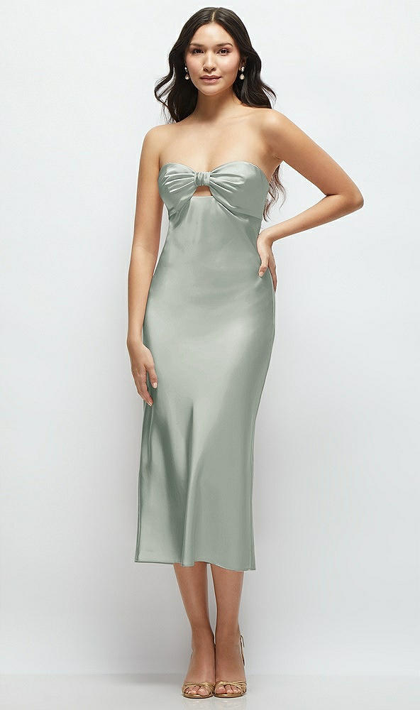 Front View - Willow Green Strapless Bow-Bandeau Cutout Satin Midi Slip Dress