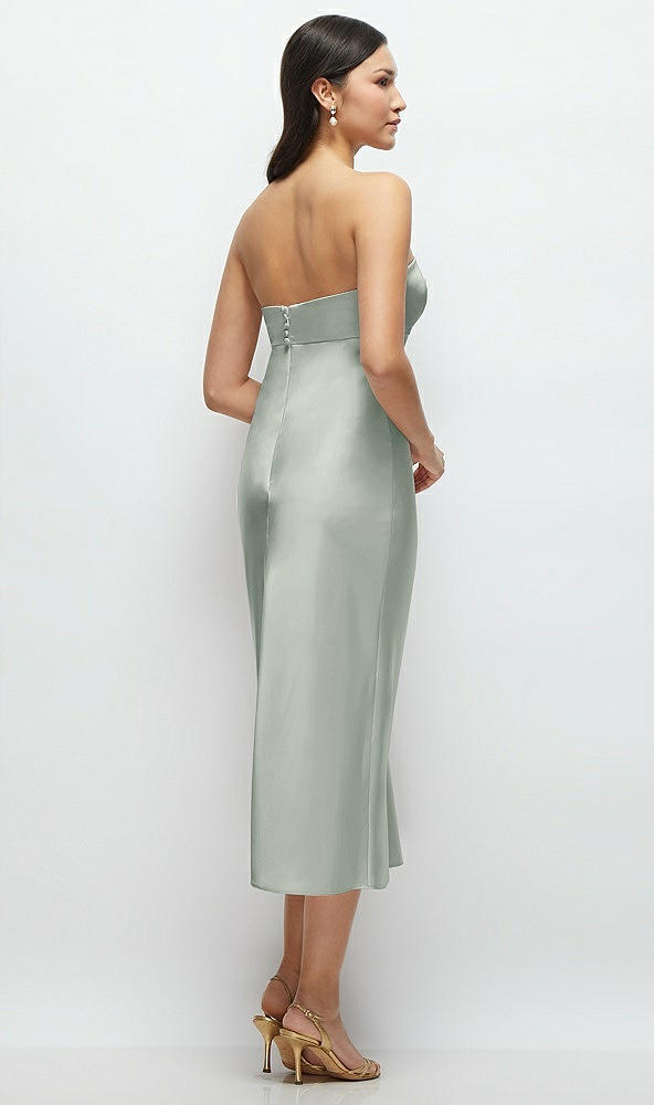 Back View - Willow Green Strapless Bow-Bandeau Cutout Satin Midi Slip Dress