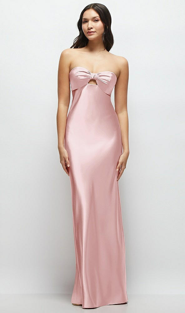 Front View - Ballet Pink Strapless Bow-Bandeau Cutout Satin Maxi Slip Dress