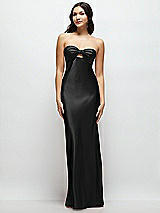 Front View Thumbnail - Black Strapless Bow-Bandeau Cutout Satin Maxi Slip Dress