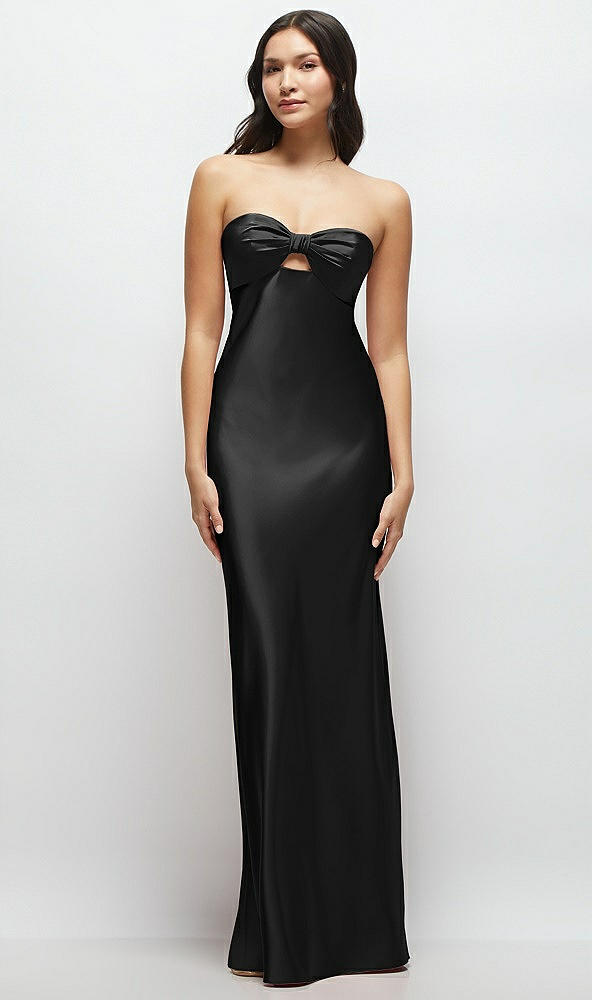 Front View - Black Strapless Bow-Bandeau Cutout Satin Maxi Slip Dress