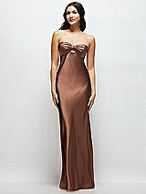 Front View Thumbnail - Cognac Strapless Bow-Bandeau Cutout Satin Maxi Slip Dress