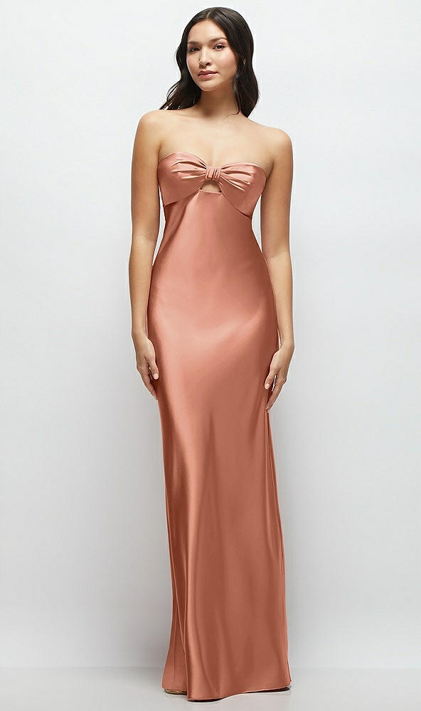 Front View - Copper Penny Strapless Bow-Bandeau Cutout Satin Maxi Slip Dress