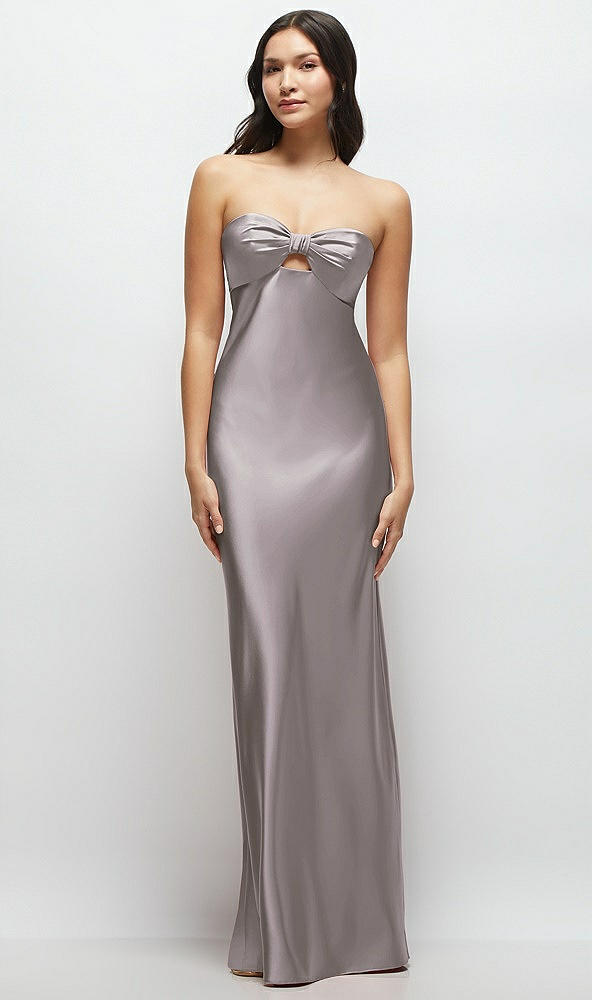 Front View - Cashmere Gray Strapless Bow-Bandeau Cutout Satin Maxi Slip Dress