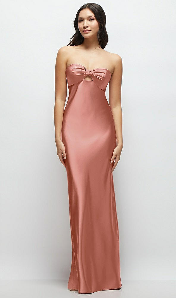 Front View - Desert Rose Strapless Bow-Bandeau Cutout Satin Maxi Slip Dress