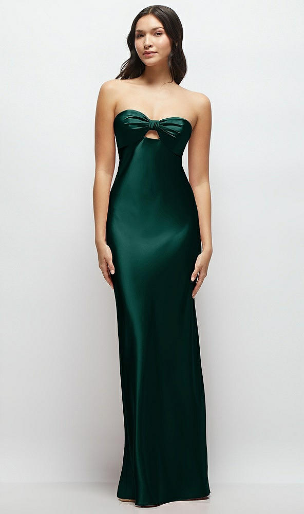 Front View - Evergreen Strapless Bow-Bandeau Cutout Satin Maxi Slip Dress