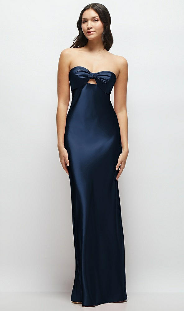 Front View - Midnight Navy Strapless Bow-Bandeau Cutout Satin Maxi Slip Dress