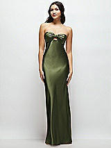 Front View Thumbnail - Olive Green Strapless Bow-Bandeau Cutout Satin Maxi Slip Dress