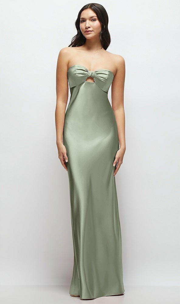 Front View - Sage Strapless Bow-Bandeau Cutout Satin Maxi Slip Dress