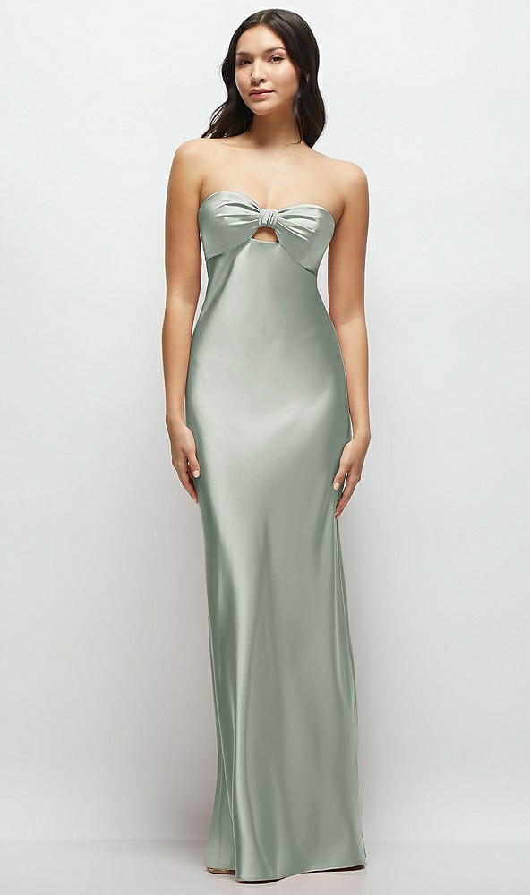 Front View - Willow Green Strapless Bow-Bandeau Cutout Satin Maxi Slip Dress