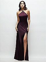 Front View Thumbnail - Deep Plum High Halter Tie-Strap Open-Back Satin Maxi Dress