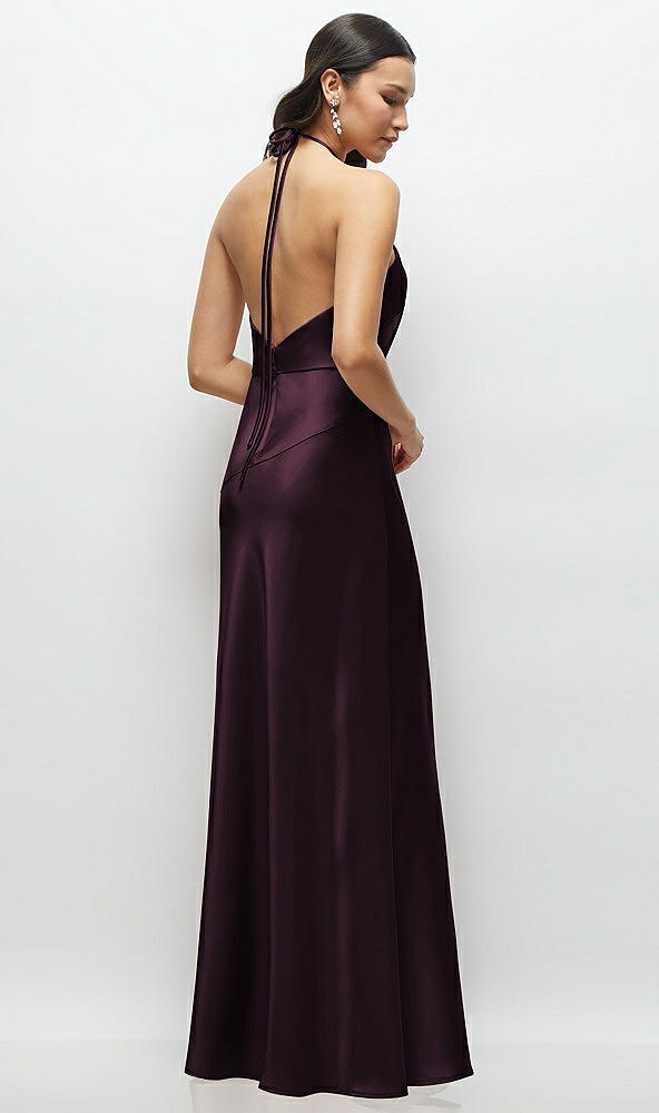 Back View - Deep Plum High Halter Tie-Strap Open-Back Satin Maxi Dress