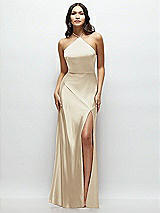 Front View Thumbnail - Champagne High Halter Tie-Strap Open-Back Satin Maxi Dress