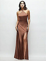 Front View Thumbnail - Cognac High Halter Tie-Strap Open-Back Satin Maxi Dress