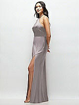 Side View Thumbnail - Cashmere Gray High Halter Tie-Strap Open-Back Satin Maxi Dress