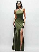 Front View Thumbnail - Olive Green High Halter Tie-Strap Open-Back Satin Maxi Dress