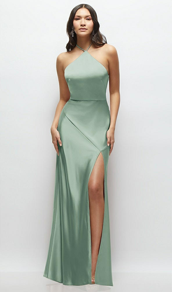 Front View - Seagrass High Halter Tie-Strap Open-Back Satin Maxi Dress