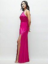Side View Thumbnail - Think Pink High Halter Tie-Strap Open-Back Satin Maxi Dress