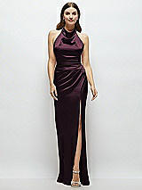 Front View Thumbnail - Deep Plum Cowl Halter Open-Back Satin Maxi Dress