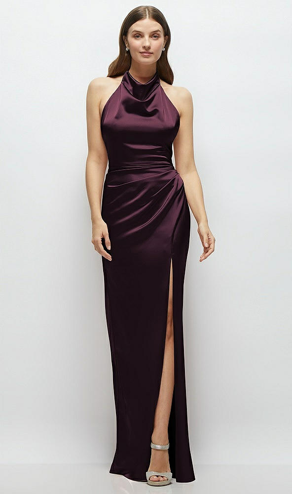 Front View - Deep Plum Cowl Halter Open-Back Satin Maxi Dress