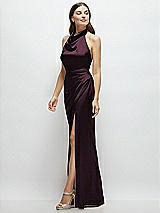 Side View Thumbnail - Deep Plum Cowl Halter Open-Back Satin Maxi Dress