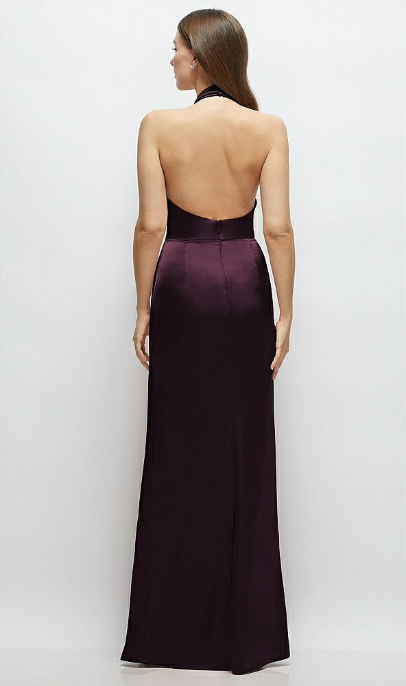Back View - Deep Plum Cowl Halter Open-Back Satin Maxi Dress