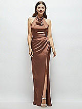 Front View Thumbnail - Cognac Cowl Halter Open-Back Satin Maxi Dress