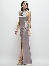 Side View Thumbnail - Cashmere Gray Cowl Halter Open-Back Satin Maxi Dress