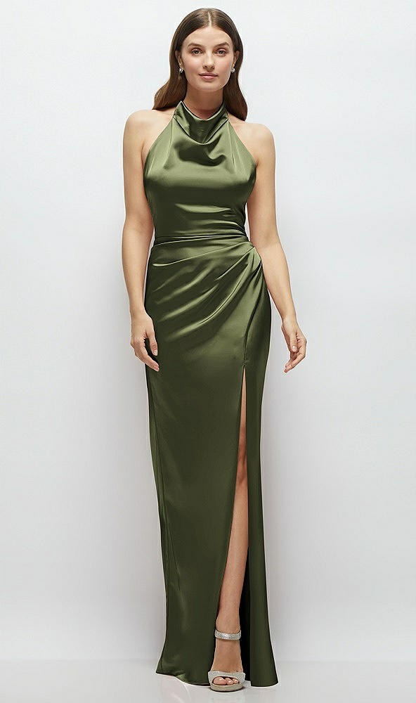 Front View - Olive Green Cowl Halter Open-Back Satin Maxi Dress