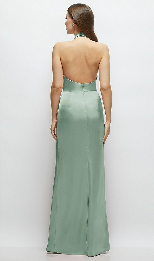 Back View - Seagrass Cowl Halter Open-Back Satin Maxi Dress