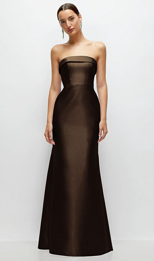 Front View - Espresso Strapless Cuff Neckline Satin Trumpet Gown