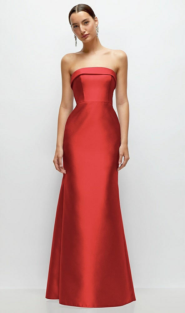 Front View - Poppy Red Strapless Cuff Neckline Satin Trumpet Gown