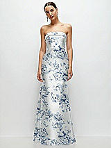 Front View Thumbnail - Cottage Rose Larkspur Strapless Cuff Neckline Floral Satin Trumpet Gown