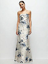 Front View Thumbnail - Inkwash Blue Floral Strapless Cuff Neckline Floral Satin Trumpet Gown