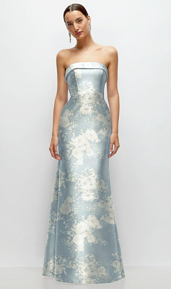 Front View - Porcelain Blue Seraphina Floral Strapless Cuff Neckline Floral Satin Trumpet Gown