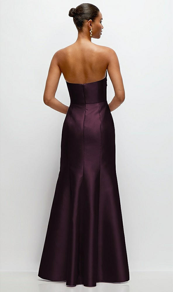 Back View - Deep Plum Strapless Cat-Eye Draped Bodice Satin Tumpet Dress