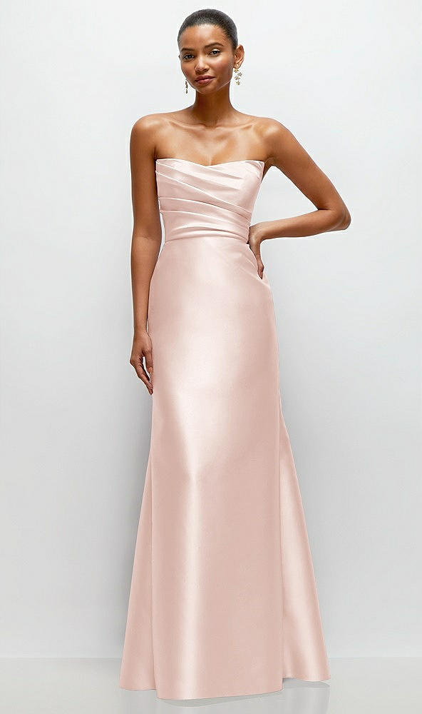 Front View - Blush Strapless Cat-Eye Draped Bodice Satin Tumpet Dress