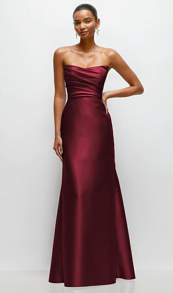 Front View - Cabernet Strapless Cat-Eye Draped Bodice Satin Tumpet Dress