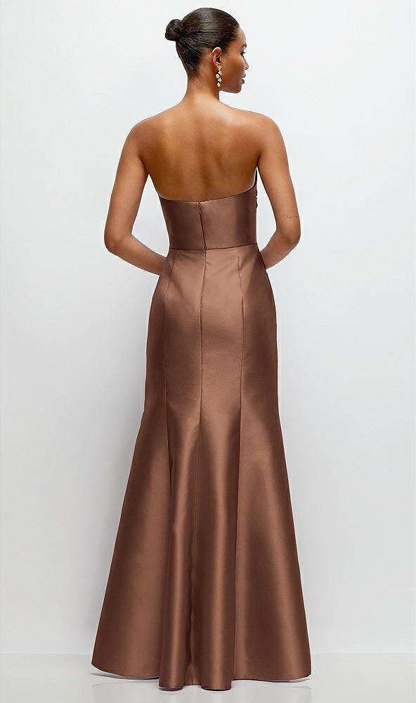 Back View - Cognac Strapless Cat-Eye Draped Bodice Satin Tumpet Dress