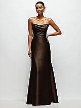 Front View Thumbnail - Espresso Strapless Cat-Eye Draped Bodice Satin Trumpet Dress