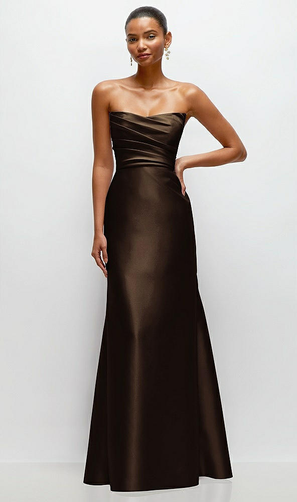 Front View - Espresso Strapless Cat-Eye Draped Bodice Satin Trumpet Dress