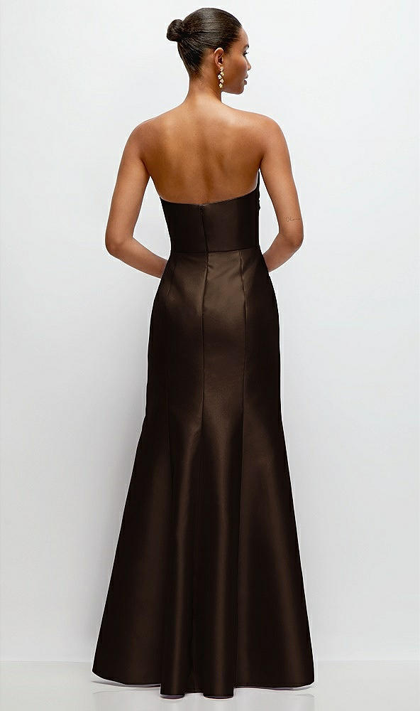 Back View - Espresso Strapless Cat-Eye Draped Bodice Satin Trumpet Dress